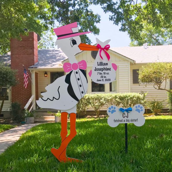 Pink Stork Sign with Blue Dog Bone Sign, Montgomery, TX